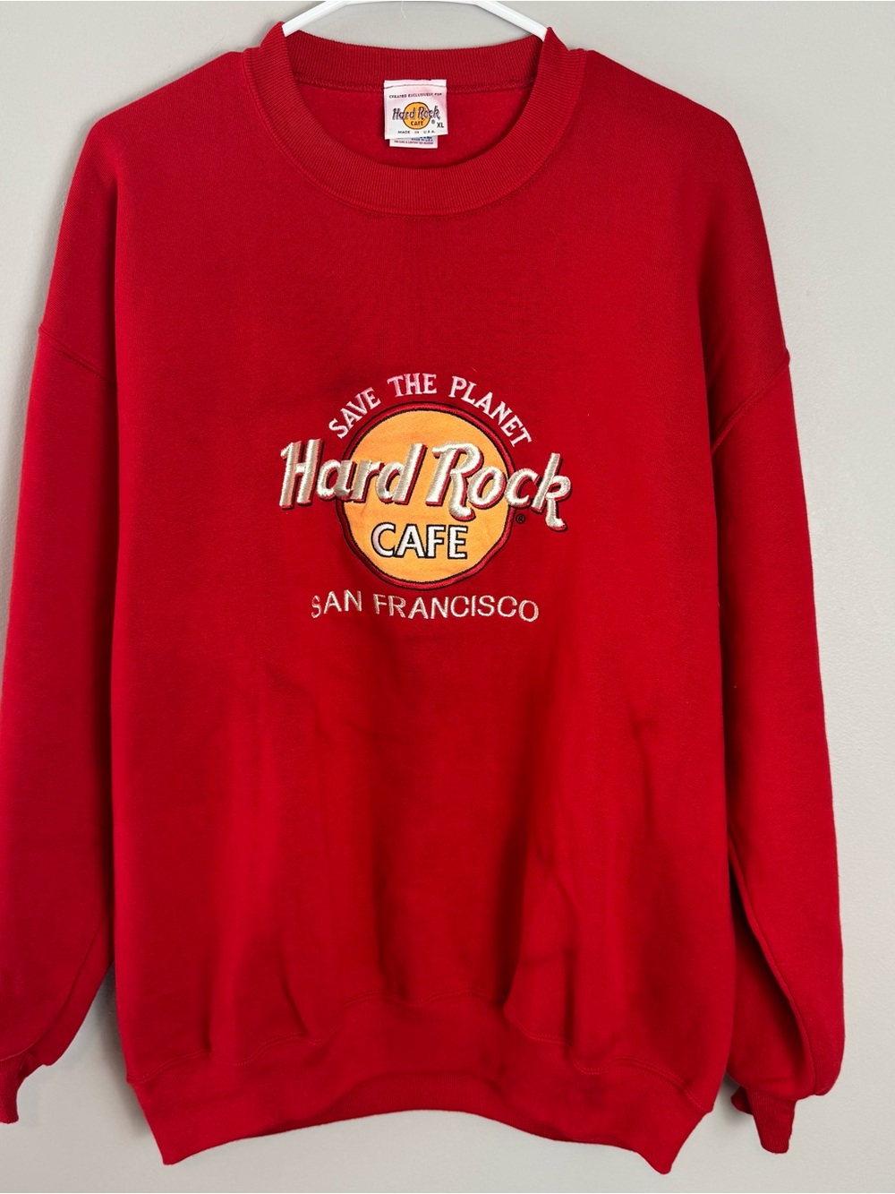 Vintage 90’s Hard Rock Cafe “Save The Planet” Red Crewneck Sweatshirt Size XL